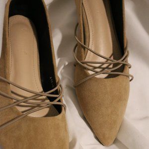 Tan Suede Pointed Toe Ballet Flats Cross Front Straps Detail